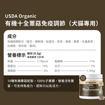 FERA USDA Organic Mushrooms Immune Support for Dogs & Cat USDA 有機認證 有機靈芝菇菌免疫力營養粉 (犬貓通用) 60G